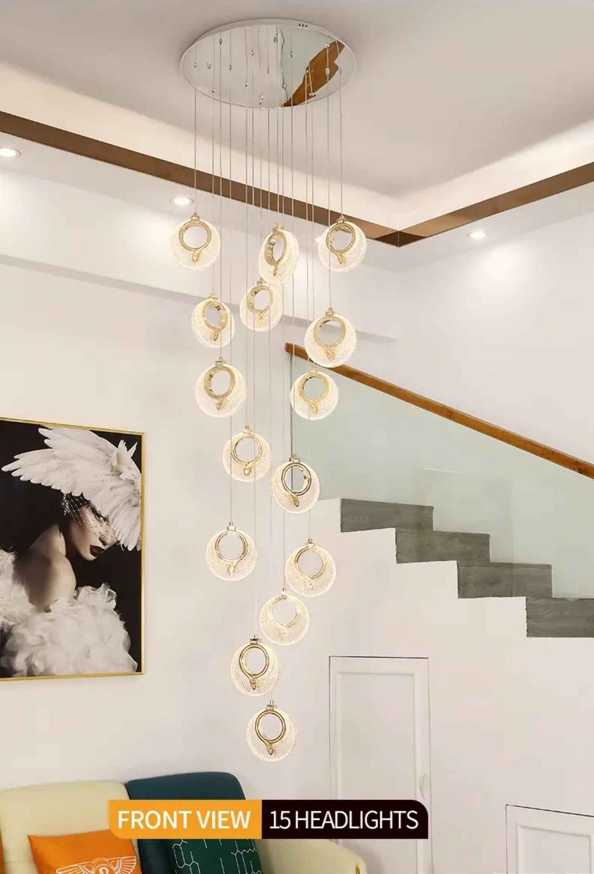Priscila Coles Gold Staircase Chandelier - Colour & Brightness Changing