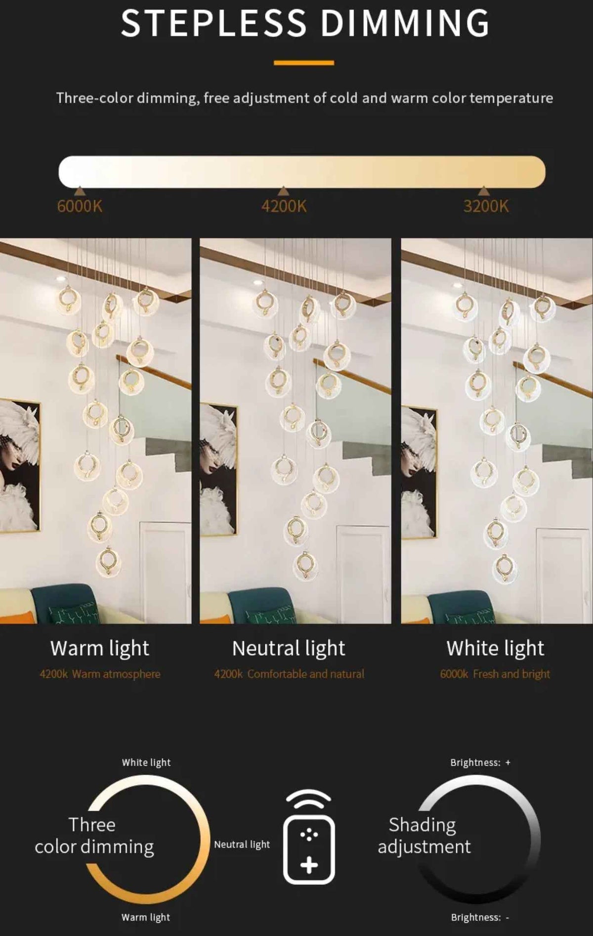 Priscila Coles Gold Staircase Chandelier - Colour & Brightness Changing