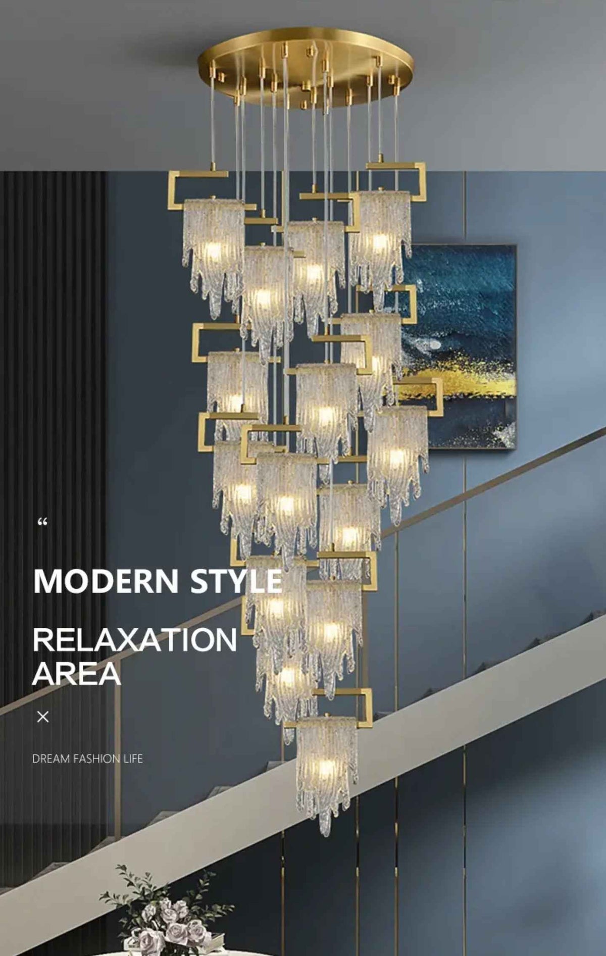 Abbaigh Copper Golden Staircase Chandelier- Colour & Brightness Changing