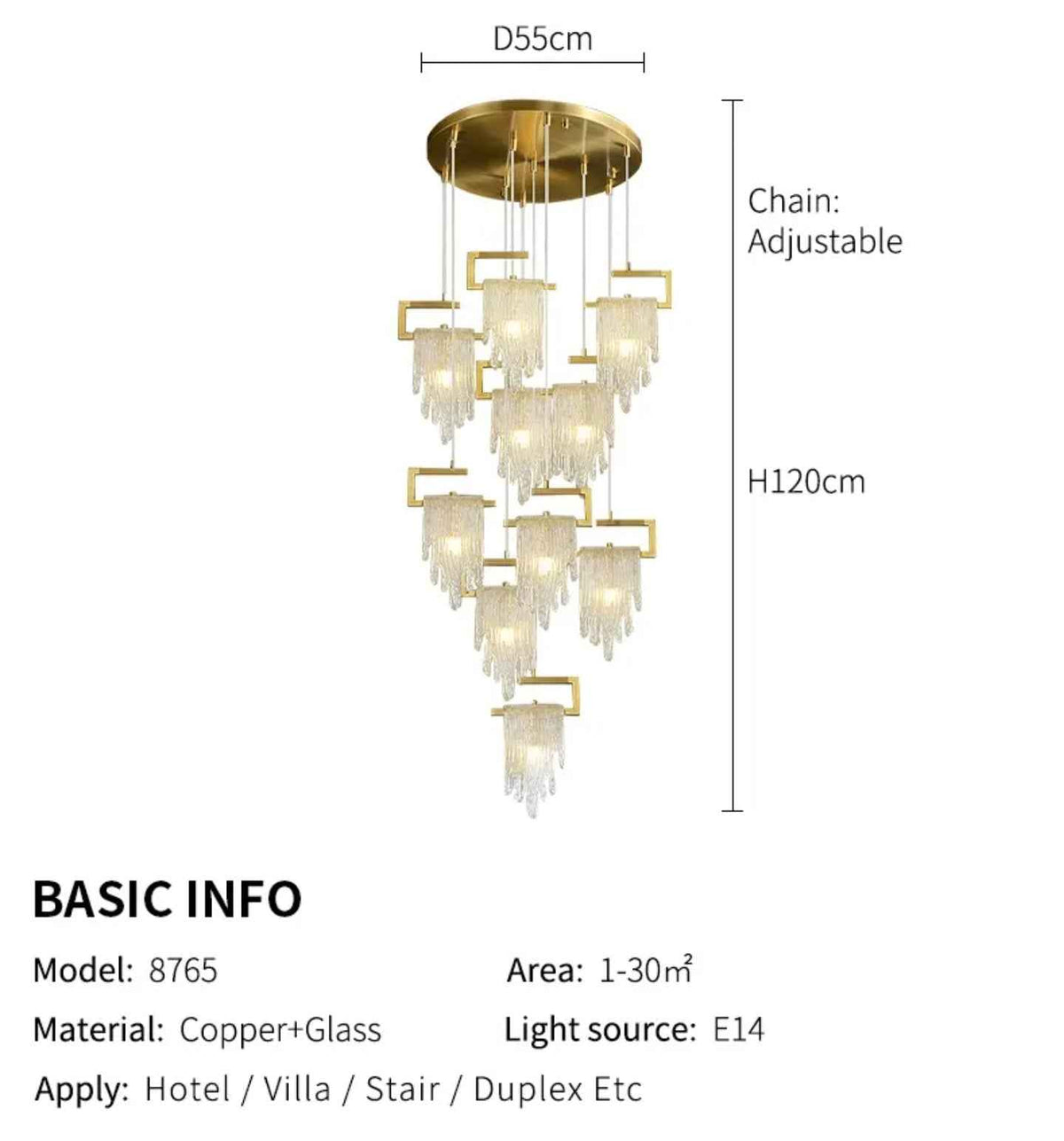 Abbaigh Copper Golden Staircase Chandelier- Colour & Brightness Changing