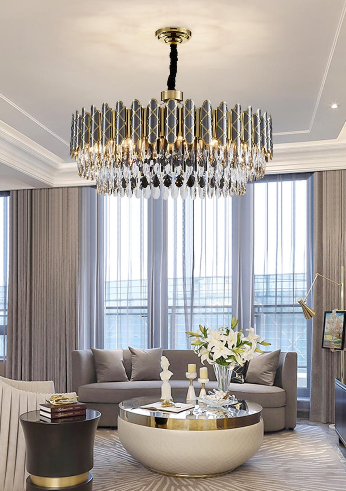 Demi Gold Crystal Chandelier-Round/Rectangle - Reflect Lighting