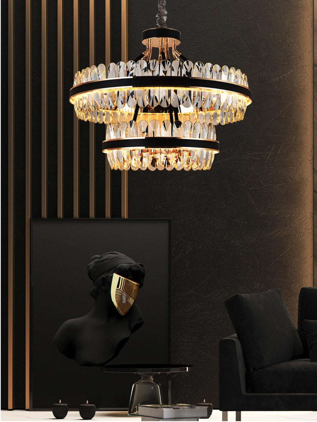 Lladró Black Leather Led Crystal Chandelier- Round/Rectangle - Reflect Lighting