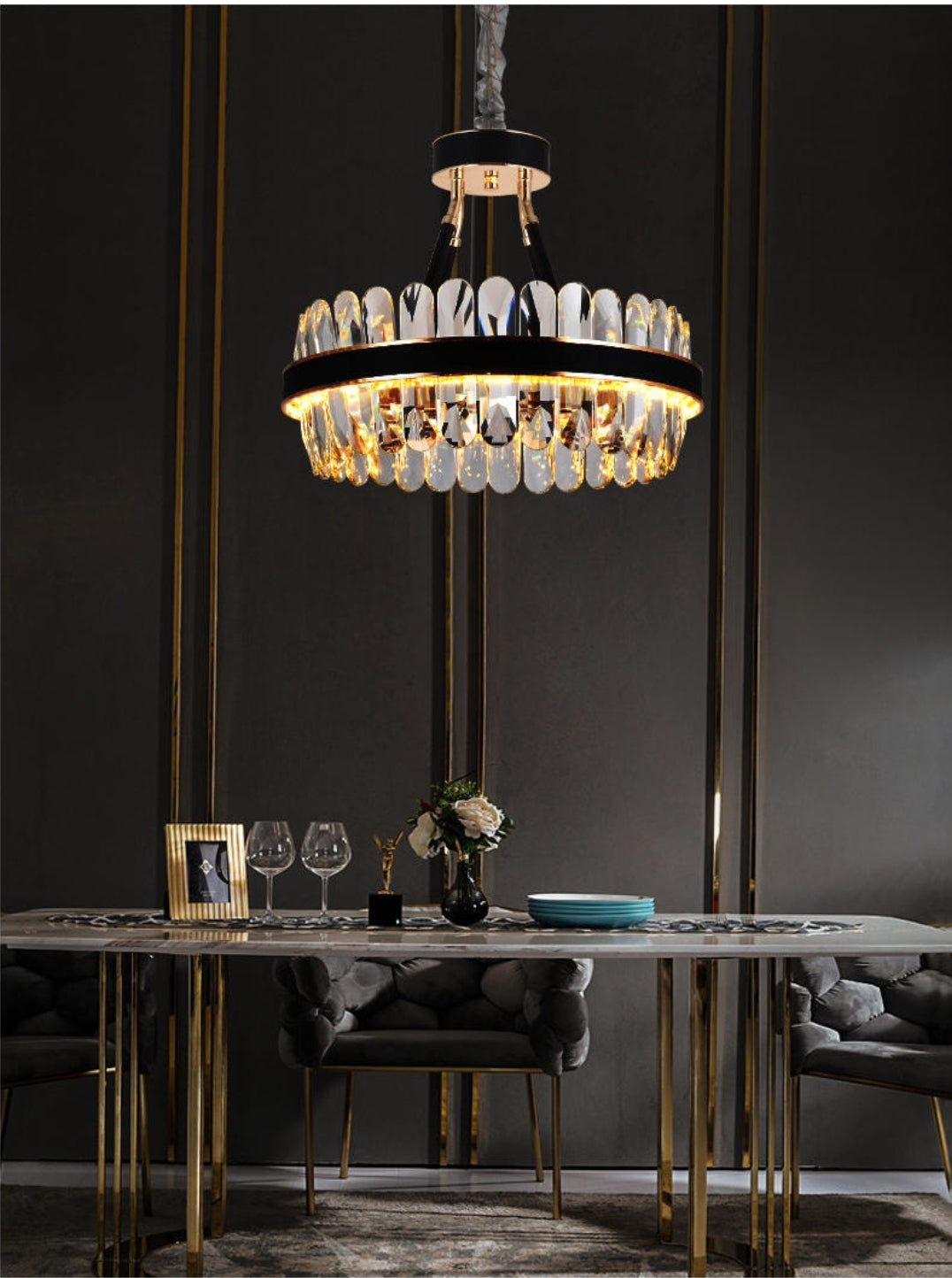 Lladró Black Leather Led Crystal Chandelier- Round/Rectangle - Reflect Lighting