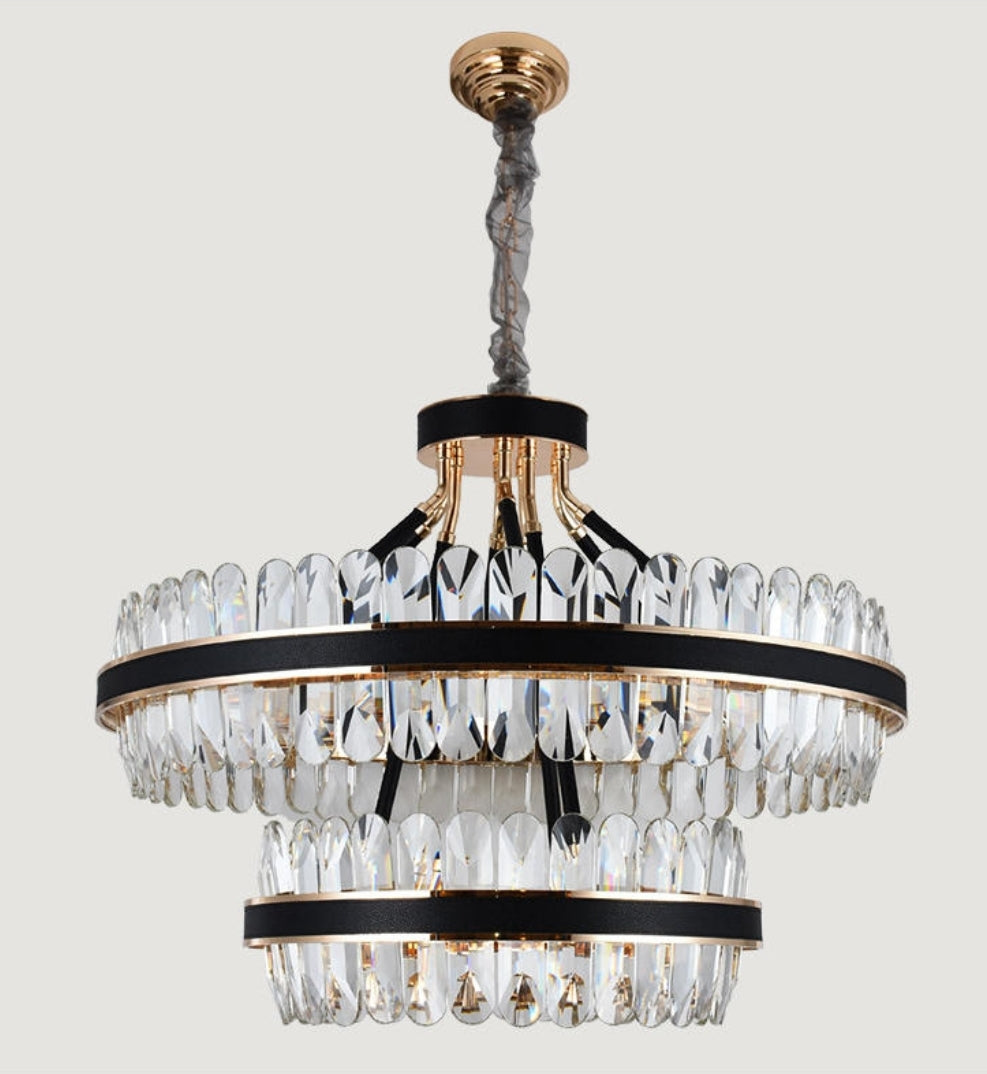 Lladró Black Leather Led Crystal Chandelier- Round/Rectangle - Reflect Lighting
