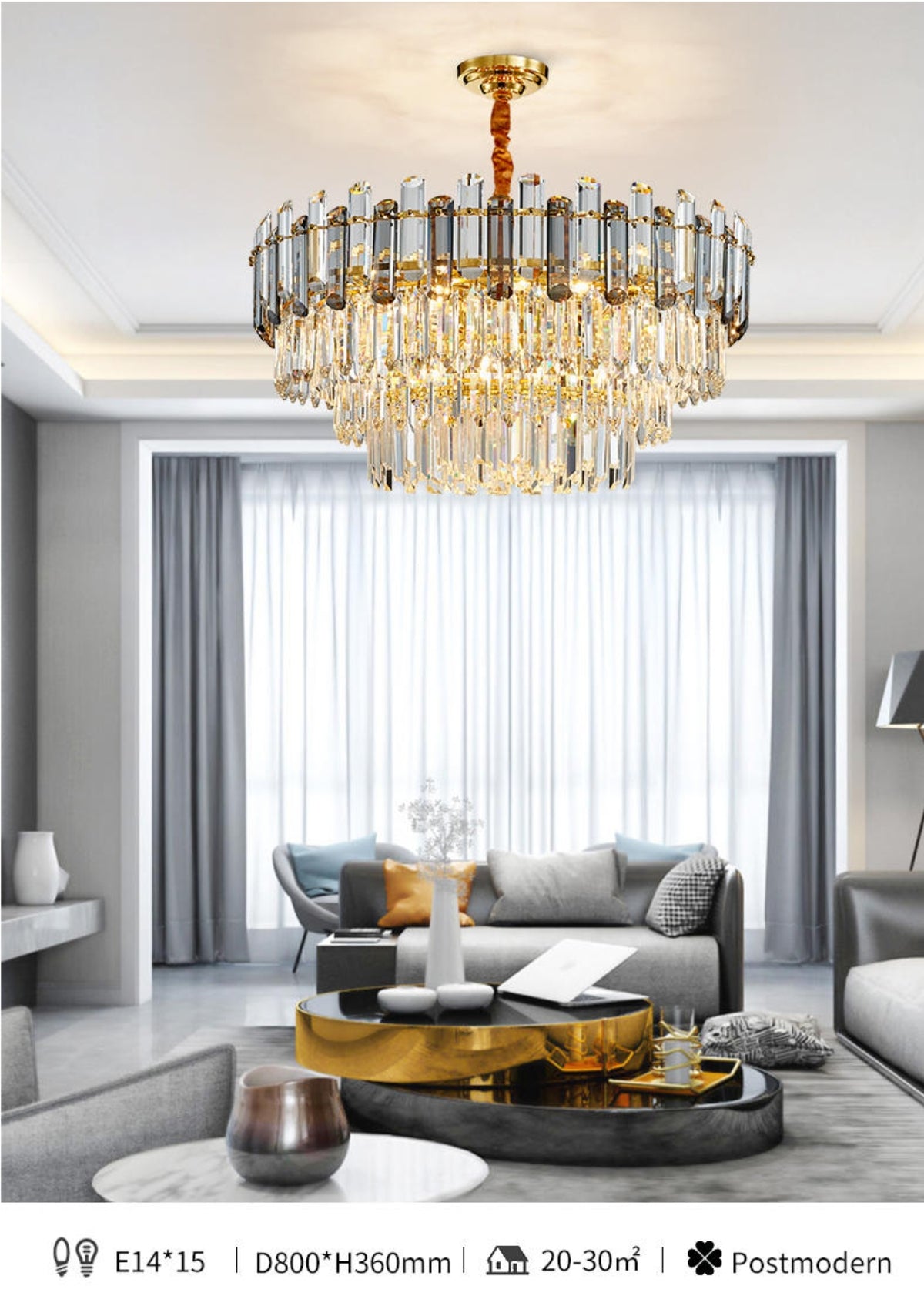 Nina Smoke Grey Frosted Crystal Chandelier - Round/Rectangle - Reflect Lighting