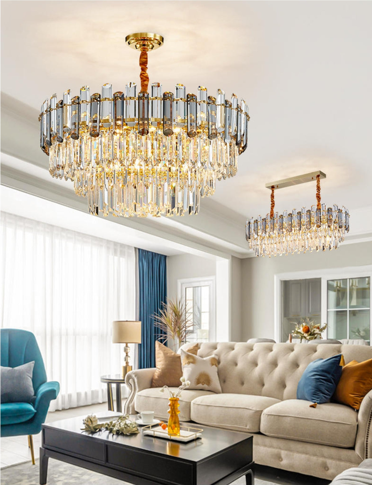 Nina Smoke Grey Frosted Crystal Chandelier - Round/Rectangle - Reflect Lighting