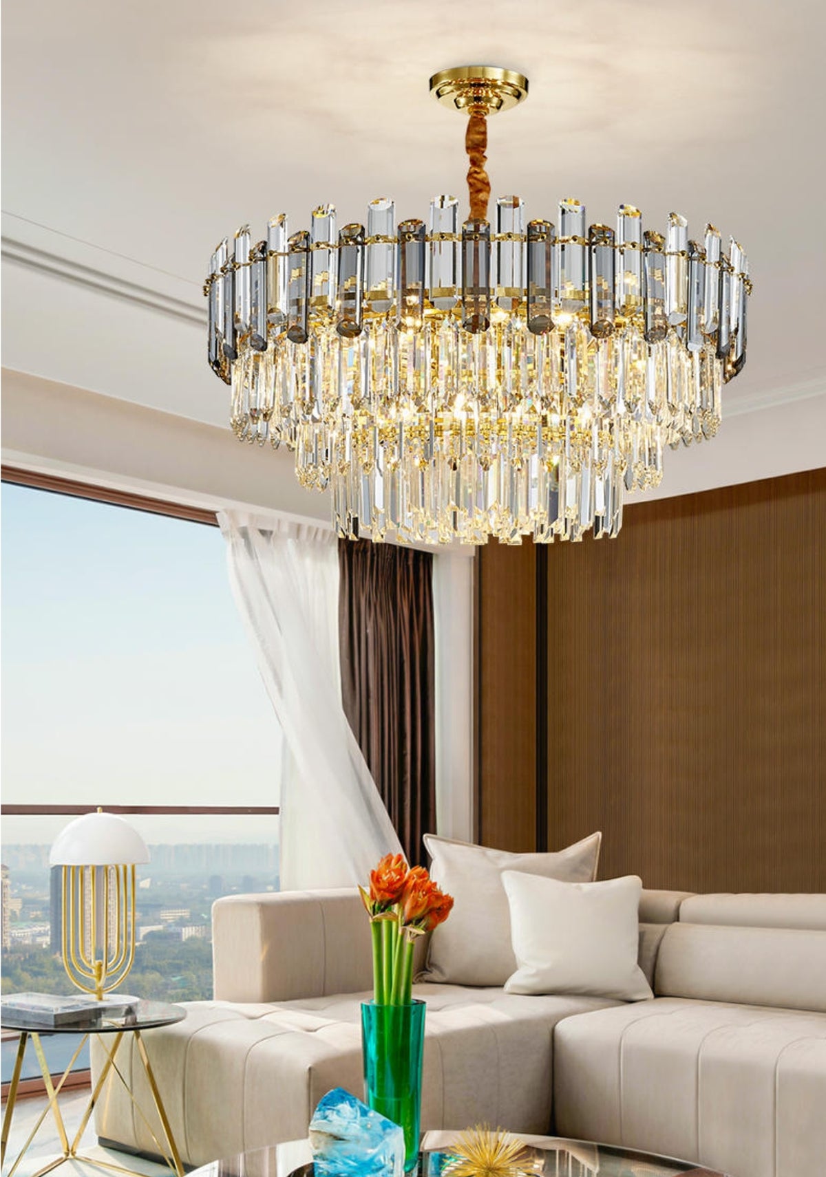 Nina Smoke Grey Frosted Crystal Chandelier - Round/Rectangle - Reflect Lighting